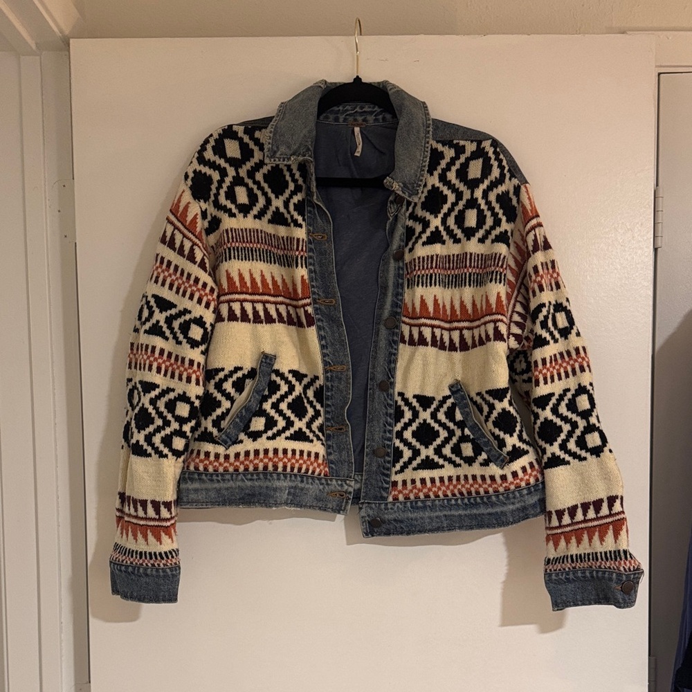 Free People Patterned Denim Jacket with Tribal Design